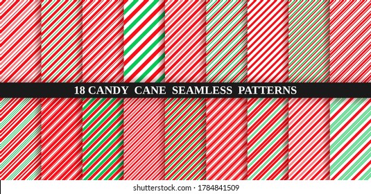 Set of christmas seamless pattern. Candy cane stripe texture. Vector. Holiday candycane background. Red green wrapping paper. Peppermint caramel diagonal print. Classic winter illustration.