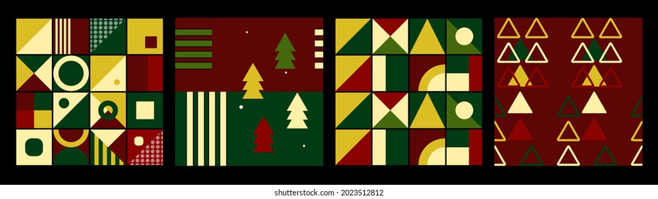 Set of Christmas seamless pattern decorated with Geometric shapes, trees. Colorful pattern stylish concept for wrapping, fabric, wallpaper, print, textile.  Retro style. Vector illustration.