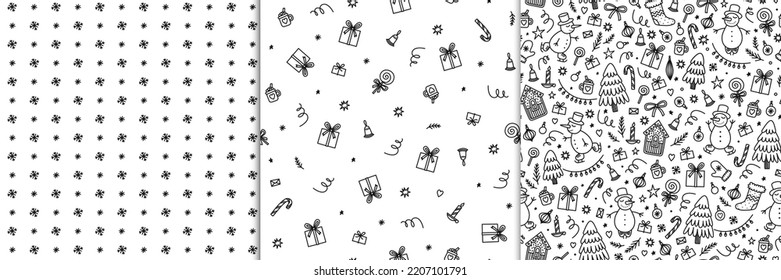 Set of Christmas seamless pattern in doodle style for coloring. Vector illustration for wrapping paper. Suitable for coloring with pencils, felt-tip pens