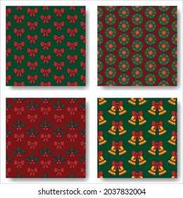 Set of Christmas seamless pattern. Festive wreaths, bells and bows. Holiday decoration print