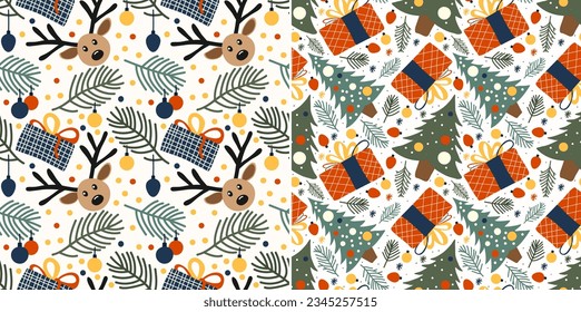 Set of Christmas seamless pattern with gifts and reindeer, Christmas trees in flat style. Seamless Christmas pattern in blue-green and red colors with simple shapes for printing on textiles or	