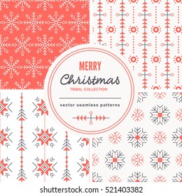Set of Christmas seamless pattern with outlined snowflakes and abstract geometric signs. White and red color palette. Minimalistic holiday backgrounds. Creative tribal line style