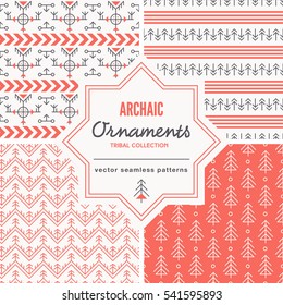 Set of Christmas seamless pattern with outlined snowflakes and abstract geometric signs. White and red color palette. Minimalistic holiday backgrounds. Creative tribal line style