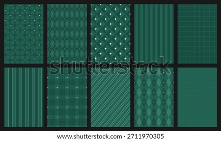 Set of Christmas seamless pattern. Plaid and diamond repeating print for wrapping paper, fabric and textile. Abstract geometric elements. Dark green xmas backgrounds. Vector illustration collection