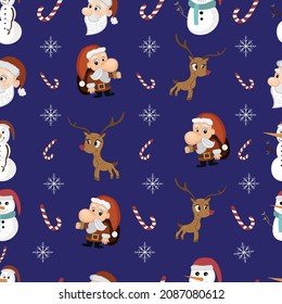 Set of Christmas seamless  pattern with snowman, reindeer, Santa, penguin, presents, and decorations  like candy cane and presents 