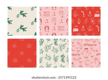 Set of Christmas seamless pattern, vector illustration. Cute hand drawn doodles of winter flowers and plants, warm clothes, Christmas elements. Great for wrapping paper.