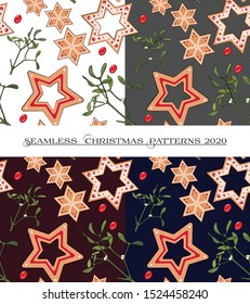 Set Christmas seamless patterns. 4 seamless patterns by size 1000x1000.  Isolated on white, gray, burgundy, blue. Wrapping paper. Wallpaper. Vector design for Christmas season. Size 2000x2250.