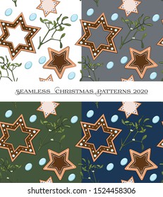 Set Christmas seamless patterns. 4 seamless patterns by size 1000x1000.  Isolated on white, gray, green, blue. Wrapping paper. Wallpaper. Vector design for Christmas season. Size 2000x2250.