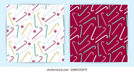 Set of christmas seamless patterns with candies. Simple background of festive ornament. Fabric textile print. Surface cover wrapper design.