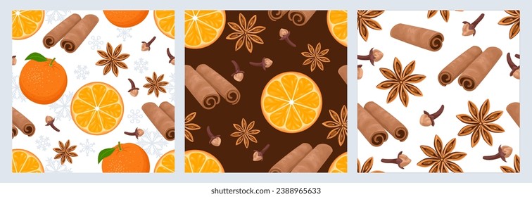 Conjunto de patrones de Navidad sin fisuras con especias de dibujos animados y naranjas. Fondo de vacaciones vectoriales.