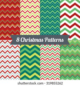 Set of Christmas Seamless Patterns with Chevron in Red, Green and White. Perfect for wallpapers, pattern fills, background, textile, Christmas and New Year greeting cards