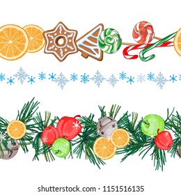 Set of Christmas seamless patterns of cookies, candy, pine branches. fruits, apples, nuts and oranges.