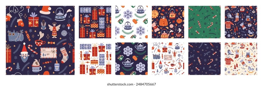 Set of Christmas seamless patterns with cute winter cozy elements. Festive background with traditional attributes. Trendy modern vector illustration, hand drawn, flat design