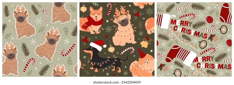Set of Christmas seamless patterns with cute funny dogs. Modern vector illustrations for wrapping paper, wallpapers, fabric, and cards.
