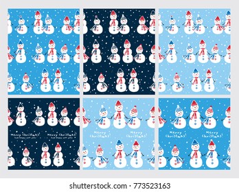 Set of Christmas seamless patterns with cute snowmen. Background for gift wrap, textile, wallpapers and scrapbook. Happy New Year 2018. Doodles, sketch for your design. Vector.
