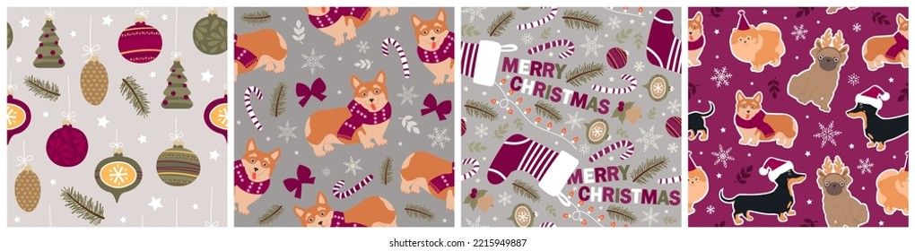 Set of Christmas seamless patterns with the cutest funny dogs. Modern vector illustrations for wrapping paper, wallpapers, fabrics, postcards.