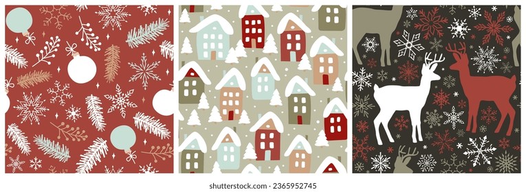 Set of Christmas Seamless patterns with deer, snowflakes, and houses. Colorful Vector illustration.