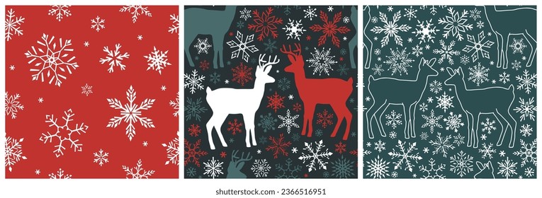 Set of Christmas Seamless patterns with deer and snowflakes. Colorful Vector illustration.