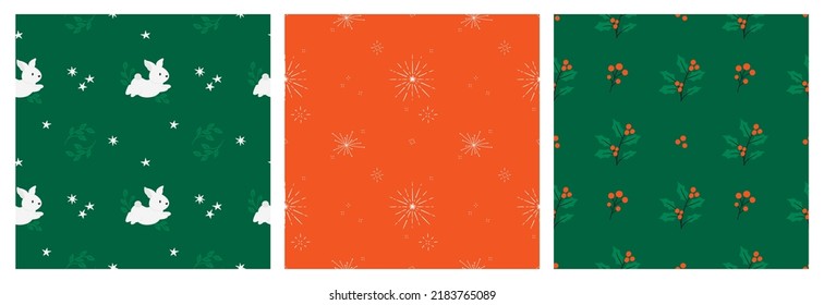 Set of Christmas seamless patterns. Festive Backgrounds with rabbits, holly twigs and fireworks. Cute design for wrapping paper, textiles, decor. Vector illustration