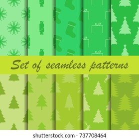 Set of Christmas seamless patterns. Fir trees and celebratory symbols. Ten winter backgrounds. Vector illustration