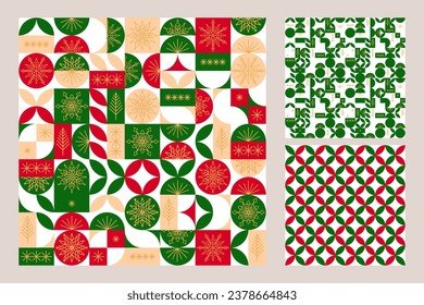 Set of Christmas seamless patterns with geometric ornament in red and green colors, snowflakes and Christmas trees