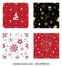 Set of christmas seamless patterns. Gift boxes, tree, stars, snowflakes, on red, black, white backgrounds.For greeting wrapping paper and  textile. Vector illustration. 