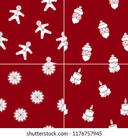Set of Christmas Seamless Patterns, Christmas Gingerbread Man and Santa Claus Face, Snowflake and Festive Candle , Holiday Decorations on Red Background, Vector Illustration