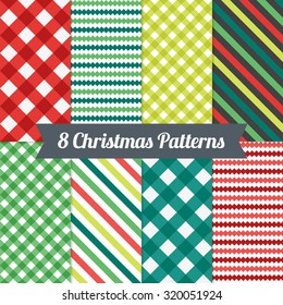 Set of Christmas Seamless Patterns with Gingham, Stripes and Diagonal Lines in Red, Green and White. Perfect for wallpapers, pattern fills, background, textile, Christmas and New Year greeting cards