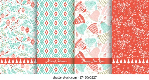 Set of Christmas seamless patterns for greeting cards, wrapping paper. Hand drawn winter backgrounds. Vector illustration