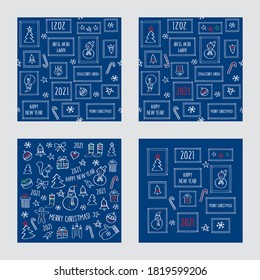 Set of Christmas seamless patterns and Greeting Cards with hand drawn winter elements. Dark grey and red backgrounds for gift wraps, textiles, wallpapers and scrapbook. Vector.