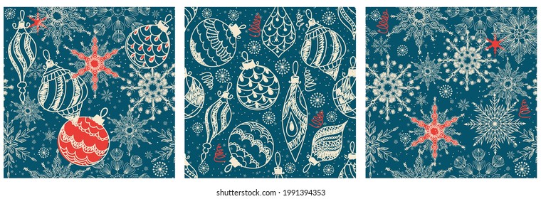 Set of Christmas seamless patterns for greeting cards, wrapping paper. Hand drawn winter backgrounds. Vector illustration