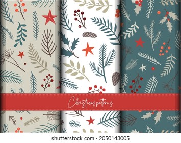 set of Christmas seamless patterns with hand drawn floral elements. Good for prints, wrapping paper, textile, scrapbooking, wallpaper, etc. EPS 10