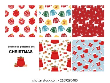 Set christmas seamless patterns hand drawn and detailed, for christmas textiles, banners, wrappers, wallpapers - vector surface design
