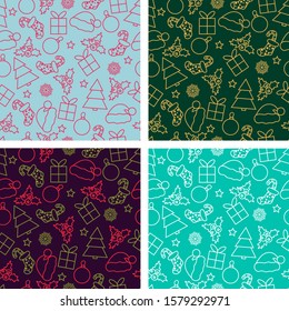Set of Christmas seamless patterns with holiday attributes - Santa hat, gift, Christmas sock and other elements on dark backgrounds. For design, print on paper and more. Vector illustration. Backgroun