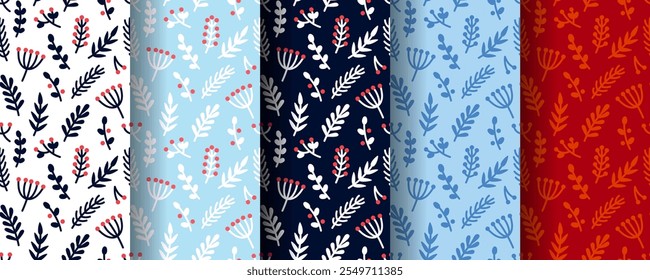Set of Christmas Seamless Patterns. Christmas holiday banners with foliage, leaves, branches and berries. New Year pattern with mistletoe. Vector set of posters, wrapping, wallpapers, web banners