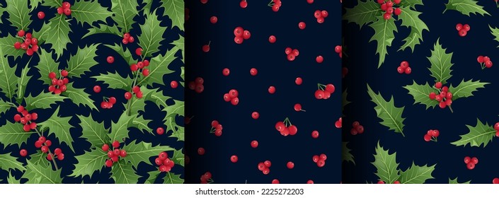 Set von nahtlosen Weihnachtsmustern mit heiligen Ästen, Blättern und Beeren auf dunklem Hintergrund. Weihnachtsstimmung. Eignet sich für Wickelpapier, Tapete, Textilien