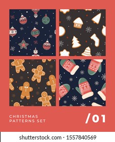 Set of Christmas seamless patterns. New Year pictures with Christmas toys, gingerbread cookies, and mittens. It can be used to decorate holiday packages, wrapping paper. Vector winter illustration.