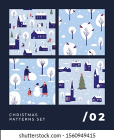 Set of Christmas seamless patterns. New Year pictures with people on a walk, snow-covered houses, and trees. It can be used to decorate holiday packages, wrapping paper. Vector winter illustration.