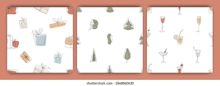 Set of Christmas Seamless patterns, New Year and winter, modern minimalist art, trend . Fashion illustrations vector,  One line and color shape art