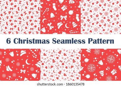 Set of Christmas seamless patterns on red and white background. Seamless patterns in flat style. Vector illustration