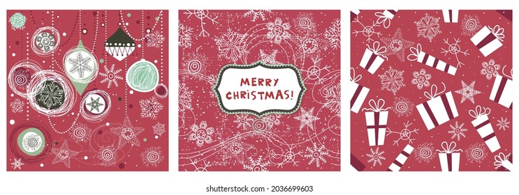 Conjunto de patrones de Navidad impecables en el fondo rojo. Gran elección para envolver el patrón de papel o tarjetas de felicitación. Ilustración vectorial para vacaciones