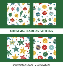 Set of Christmas seamless patterns. Christmas ornaments. Christmas wrapping paper.