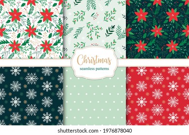 Set of christmas seamless patterns with poinsettia branches, leaves and berries and snowflakes.