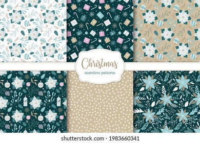 Set of Christmas seamless patterns. Poinsettia, Christmas candles, balls and snowflakes.