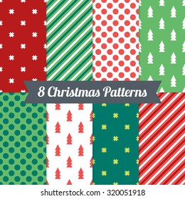 Set of Christmas Seamless Patterns with Polka Dot, Diagonal Lines, Snowflakes and Fir Trees in Red, Green and White. Perfect for wallpapers, pattern fills, textile, Christmas and New Year cards