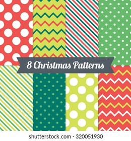 Set of Christmas Seamless Patterns with Polka Dot, Chevron and Diagonal Lines in Red, Green and White. Perfect for wallpapers, pattern fills, background, textile, Christmas and New Year greeting cards