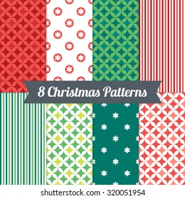 Set of Christmas Seamless Patterns with Quatrefoil, Snowflakes and Stripes in Red, Green and White. Perfect for wallpapers, pattern fills, background, textile, Christmas and New Year greeting cards