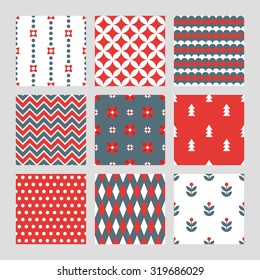 Set of Christmas seamless patterns in Red, Grey and White. Diamond, Waves, Chevron, Flowers, Fir Trees, Polka Dot, Harlequin and Floral patterns. Perfect for wallpaper, gift paper, greeting cards