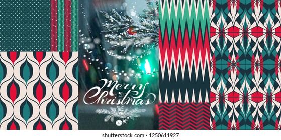 Set of Christmas seamless patterns in retro style. The vintage sixties, Art Deco. Red, blue, turquoise