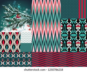 Set of Christmas seamless patterns in retro style. The vintage sixties, Art Deco. Red, blue, turquoise